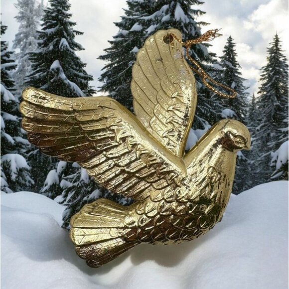 Vintage Gold Tone Dove Christmas Tree Ornament Bird in Flight Peace Harmony - Picture 1 of 6